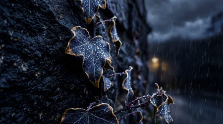 Dark ivy leaves covered in water droplets cling to a rough, black stone surface during a downpour....