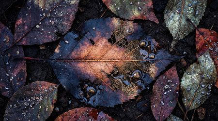 Dark, damp soil surrounds several fallen leaves in various states of decay. One central leaf exhibits extensive skeletonization with water pooling in the remaining structure.の写真素材
