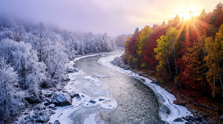 A winding river flows between banks displaying stark seasonal contrast under bright sunlight.の写真素材