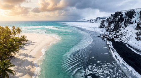 An aerial view contrasts a sunny tropical beach with palm trees against a dark, icy, snow-covered coastline under a dramatic sky.の写真素材