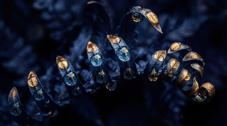 A macro view presents dark, coiled metal shavings against a deep navy background. Golden highlights accent the edges of the curls, each featuring clear, spherical water droplets reflecting light.の写真素材