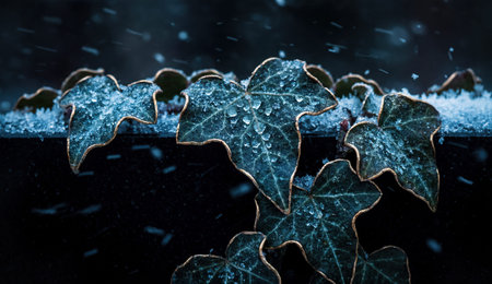 Dark green ivy leaves with golden edges rest on a black surface during a light snowfall. Water...