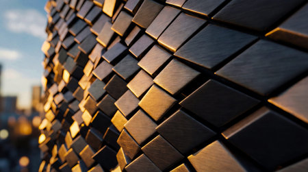 A close-up view presents a wall surface constructed from dark, diamond-shaped tiles angling toward...