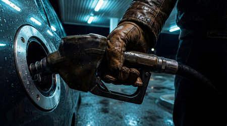 A gloved hand grips a dark fuel nozzle inserting the nozzle into a vehicle's fuel port. Water...