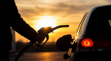 A dark silhouette of an arm holding a fuel nozzle approaches a vehicle's open fuel door against a...