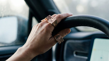 A hand grips a black leather steering wheel inside a vehicle. Three textured, coppery-toned rings...