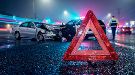 A red reflective warning triangle rests on wet asphalt in the foreground. A silver sedan with...