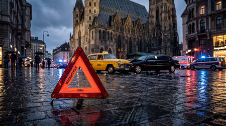 A red warning triangle rests on wet cobblestones in the foreground, indicating a traffic accident...