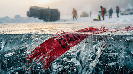 Thick, clear ice exhibiting numerous trapped air bubbles occupies the foreground, partially...