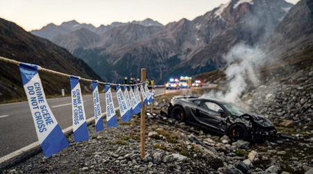 Blue and white crime scene tape hangs across the foreground, marking an area beside a paved mountain...