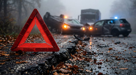 A red reflective warning triangle stands on cracked asphalt covered with wet autumn leaves. Damaged...