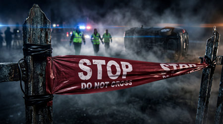 A weathered metal post supports a red barrier tape reading STOP DO NOT CROSS across a dark, smoky...
