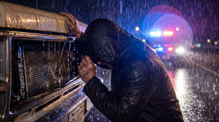 A figure wearing a wet, dark hooded jacket leans heavily against the front of a vehicle, resting...