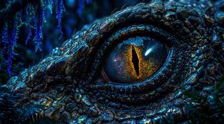 A high-detail macro shot focusing on the ocular structure of a prehistoric predator. The...