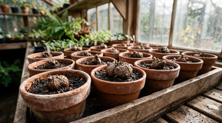 Numerous terracotta pots containing dormant bulbs rest on a wooden surface inside a greenhouse,...