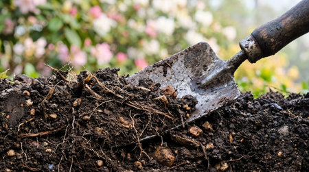 A dirty metal trowel rests partially submerged in a mound of dark, rich soil containing visible...