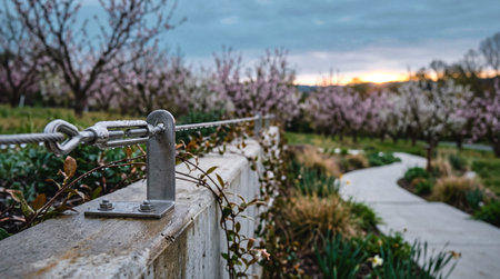 A close-up view features a wet metal turnbuckle securing a cable railing attached to a concrete barrier, with blooming pink trees filling the background during sunset.の写真素材