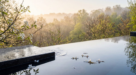 Still water of an infinity pool reflects a hazy forest landscape during sunrise. White blossoms...