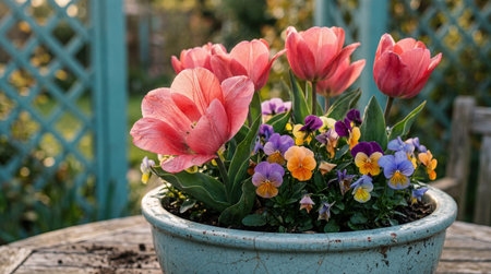 A cluster of pinkish-red tulips and multi-colored violas fills a rustic duck-egg blue ceramic pot...