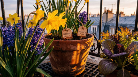 Extreme low-angle view presents a rustic terracotta planter resting on a metal grate balcony surface...