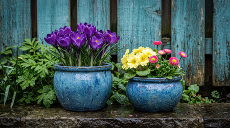 Two glazed ceramic pots displaying purple crocuses, yellow primroses, and pink daisies rest on a...