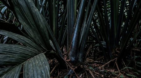 Thick, dark green stalks of tropical vegetation rise from the forest floor. Large, ribbed leaves angle across the lower left foreground. The scene exhibits deep shadows and muted, cool tones.の写真素材
