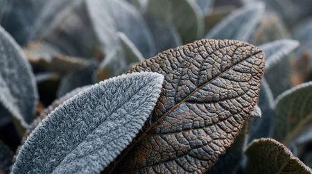 Two leaves overlap in a close-up view, one displaying dense, soft, silvery-gray fuzz and the other...