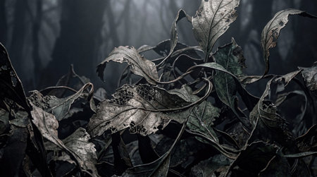 Dark, desiccated leaves fill the foreground, exhibiting intricate holes and curling edges. The background suggests a deep, misty forest environment with muted light filtering through.の写真素材