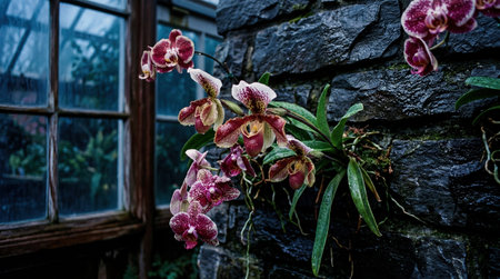 Mottled purple and white slipper orchids cling to a dark, wet, textured stone wall. Water droplets...