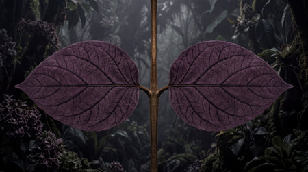 Two large, deep purple, velvety leaves extend symmetrically from a central brown stem against a...