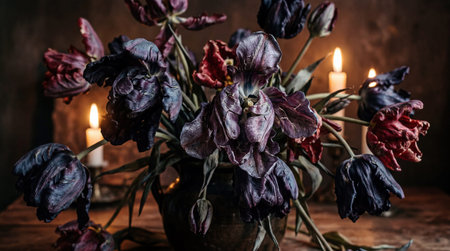 Wilted, dark purple and maroon parrot tulips fill a dark vase, illuminated by the warm glow of several burning candles against a deep brown background, suggesting a still life painting style.の写真素材