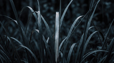 Slender, curved grass blades dominate the foreground against a deep, dark, blurred background. One central blade stands vertically, catching a pale, cool light.の写真素材