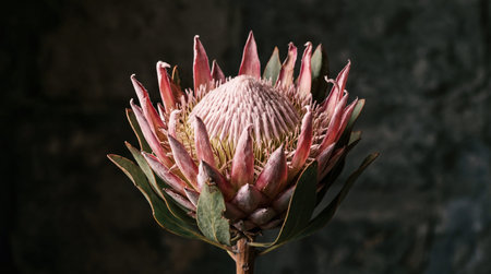 A large King Protea flower displays pink bracts and a central cone against a dark, textured...