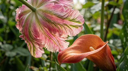 A fringed pink and green parrot tulip hangs downward next to an orange calla lily curving upward....