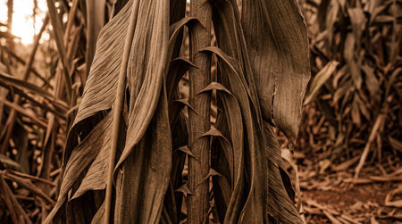 Sepia-toned close-up viewing dried, brown, textured leaves wrapping around a central stalk. Sunlight filters through dense, dry foliage in the background.の写真素材