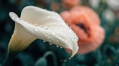 A white calla lily displays numerous clear water droplets clinging to its spathe. A soft focus, pale...