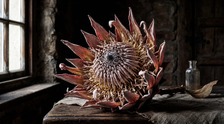 A large dried protea flower rests on a dark wooden surface covered with coarse fabric near a window.
