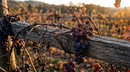 Dark, shriveled grape clusters hang from dry vines wrapping around a weathered wooden crossbeam in a...