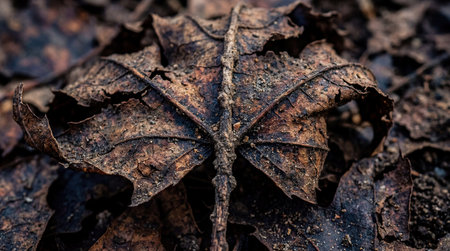 A dried, brown maple leaf rests upon dark soil and other decaying foliage. Prominent central veins...