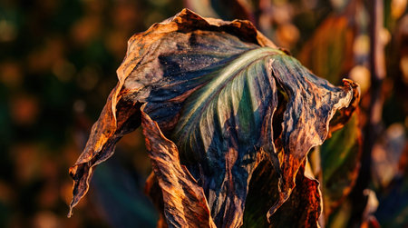 A close-up view presents a large, wilting leaf exhibiting deep brown, orange, and dark green...
