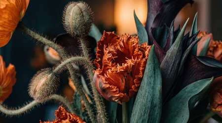 A close-up view presents vibrant orange fringed tulip petals contrasting with fuzzy, spiky poppy buds and dark green foliage.の写真素材