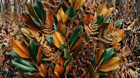 Broad, waxy leaves displaying deep green and warm brown tones intermingle with dried, lacy brown...
