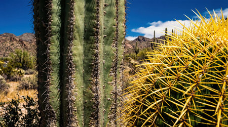A tall, ribbed, green saguaro cactus stands beside a densely spined, bright yellow barrel cactus....