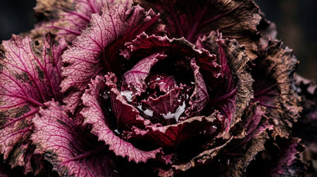 Deep magenta and brown ruffled leaves of ornamental kale fill the frame, exhibiting intricate...