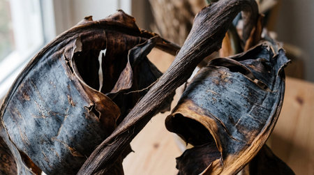Dark brown and grayish dried plant leaves curl and wrinkle, displaying deep textures near a bright...