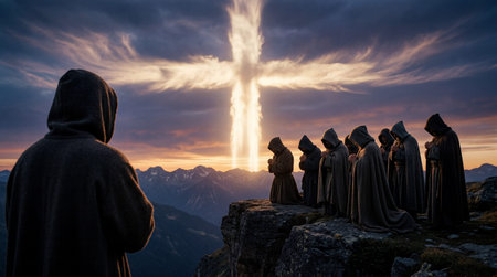 Cloaked hooded figures kneel praying upon a rocky outcrop overlooking mountains at dusk, facing a brilliant cross shape forming in the dramatic sky.