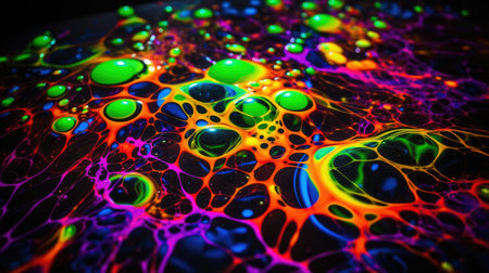 Vibrant neon paint interacting on surface, creating intricate abstract textures and glowing cellular patterns.