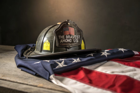 A firefighter helmet featuring the inscription The Bravest Among Us sits atop an American flag resting on a wooden table honoring firefighters.