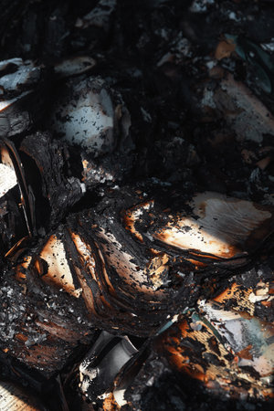 Kyiv, Ukraine - Aug. 16, 2026: A massive fire destroys burnt books at the Pochaina book market in Kyiv following a Russian military attack during the night.