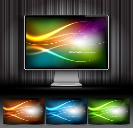 Vector digital LCD monitor and four abstract backgroundsのイラスト素材